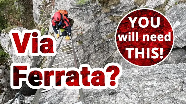 Climber on a via ferrata wall in the 2023 first time tutorial thumbnail