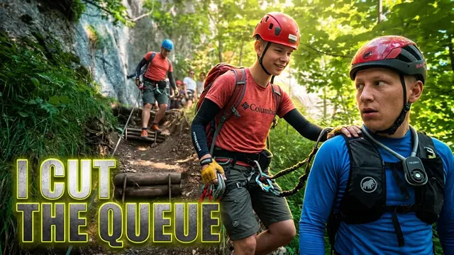 Climbers waiting on the Mürren via ferrata in the video thumbnail