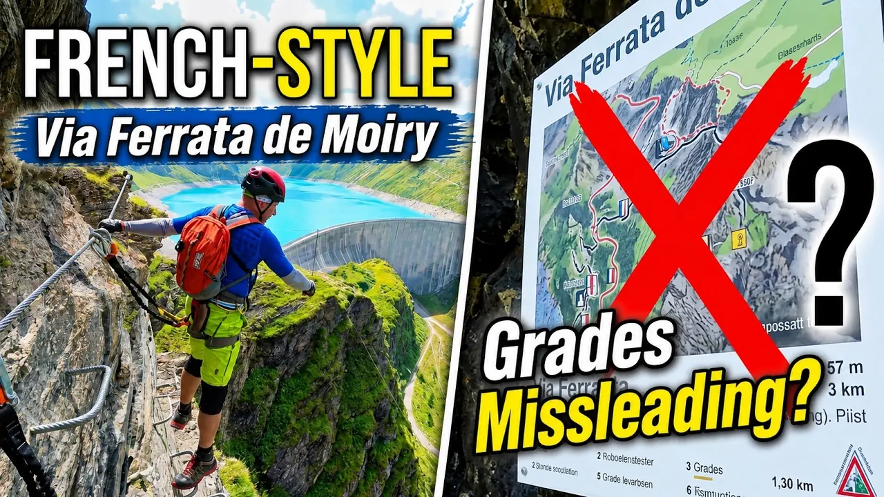 A climber above the Moiry reservoir beside a route sign; the thumbnail questions the advertised grades.