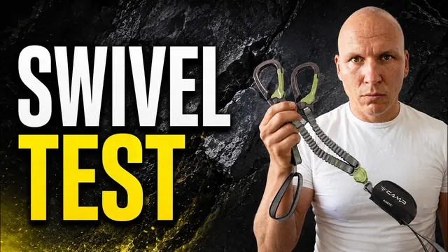 JetSetYourself holding a via ferrata set and lanyards; thumbnail text reads Swivel Test.